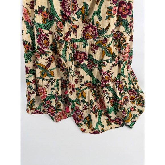 Figue Womens Floral Bird Print Tassel Ruffle Midi Dress Cream Gold Lurex Size M - Picture 6 of 8